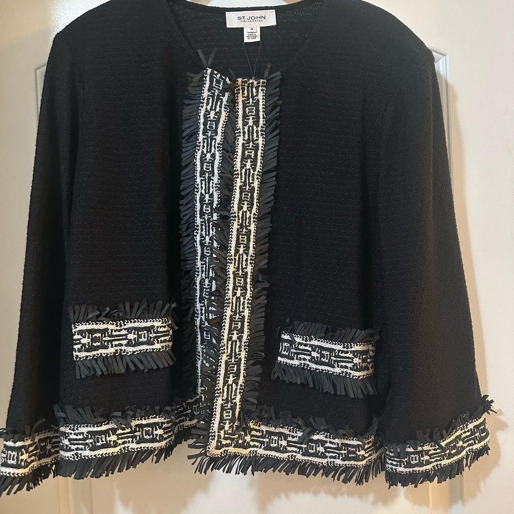 St. John - Sz 18 - Black Fringe Trim Blazer with Black Knit Skirt - NEW!